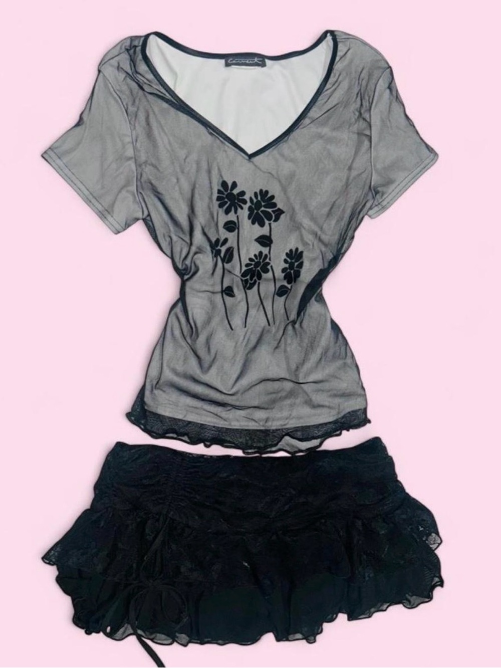 Sheer Black Floral V‑Neck Top